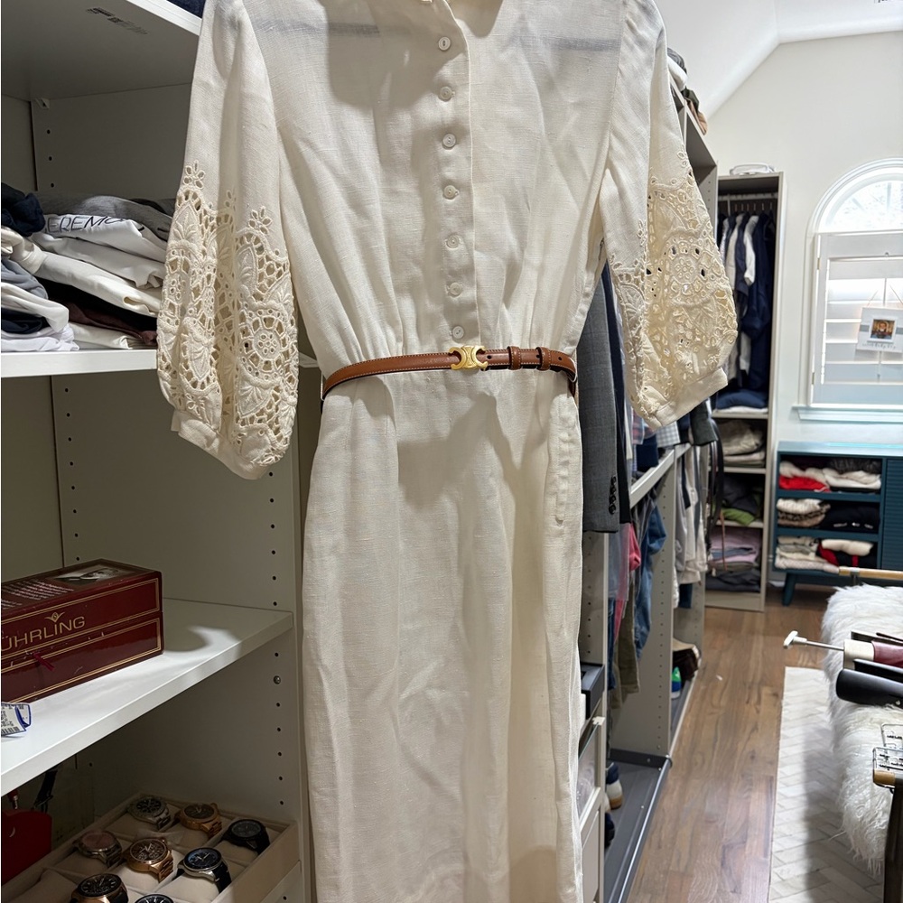 Women's Cream Linen and Lace-Sleeve Button-Front Dress